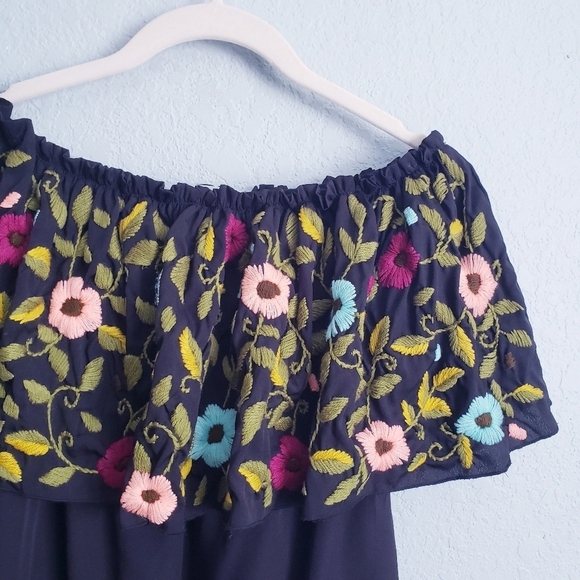 Judith March Black Floral Embroidered Off Shoulder Mini Dress - Picture 2 of 8